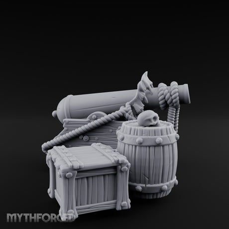 Skull-Crowned Pirate Cannon and Barrel Scene Miniature for Dungeons and Dragons, Pathfinder or other TTRPGs