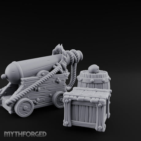 Skull-Crowned Pirate Cannon and Barrel Scene Miniature for Dungeons and Dragons, Pathfinder or other TTRPGs