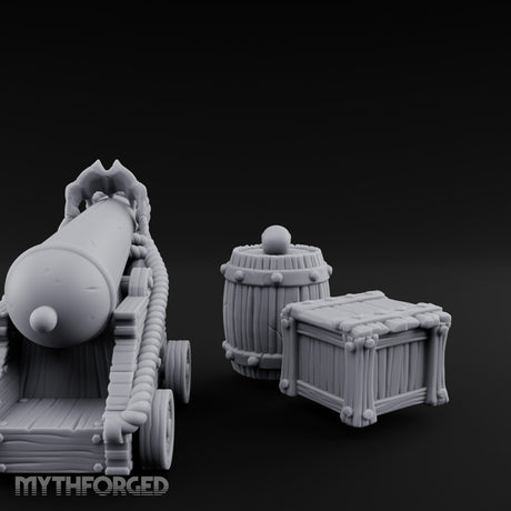 Skull-Crowned Pirate Cannon and Barrel Scene Miniature for Dungeons and Dragons, Pathfinder or other TTRPGs