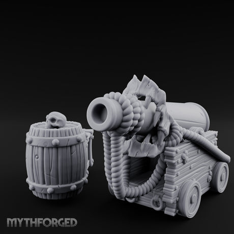 Skull-Crowned Pirate Cannon and Barrel Scene Miniature for Dungeons and Dragons, Pathfinder or other TTRPGs