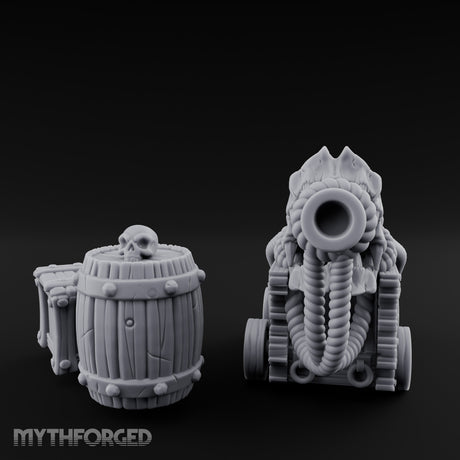 Skull-Crowned Pirate Cannon and Barrel Scene Miniature for Dungeons and Dragons, Pathfinder or other TTRPGs