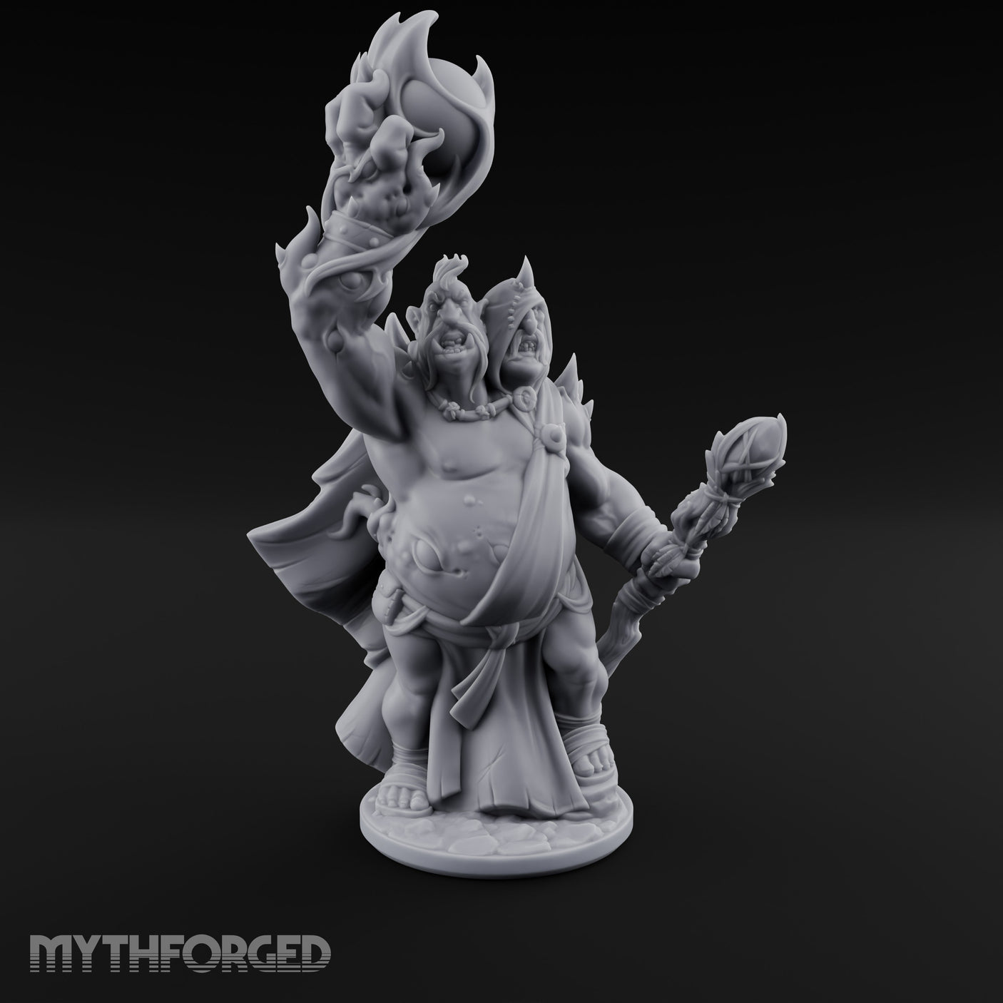 Skull Flame Raising Ettin Shaman Miniature for Dungeons and Dragons, Pathfinder or other TTRPGs