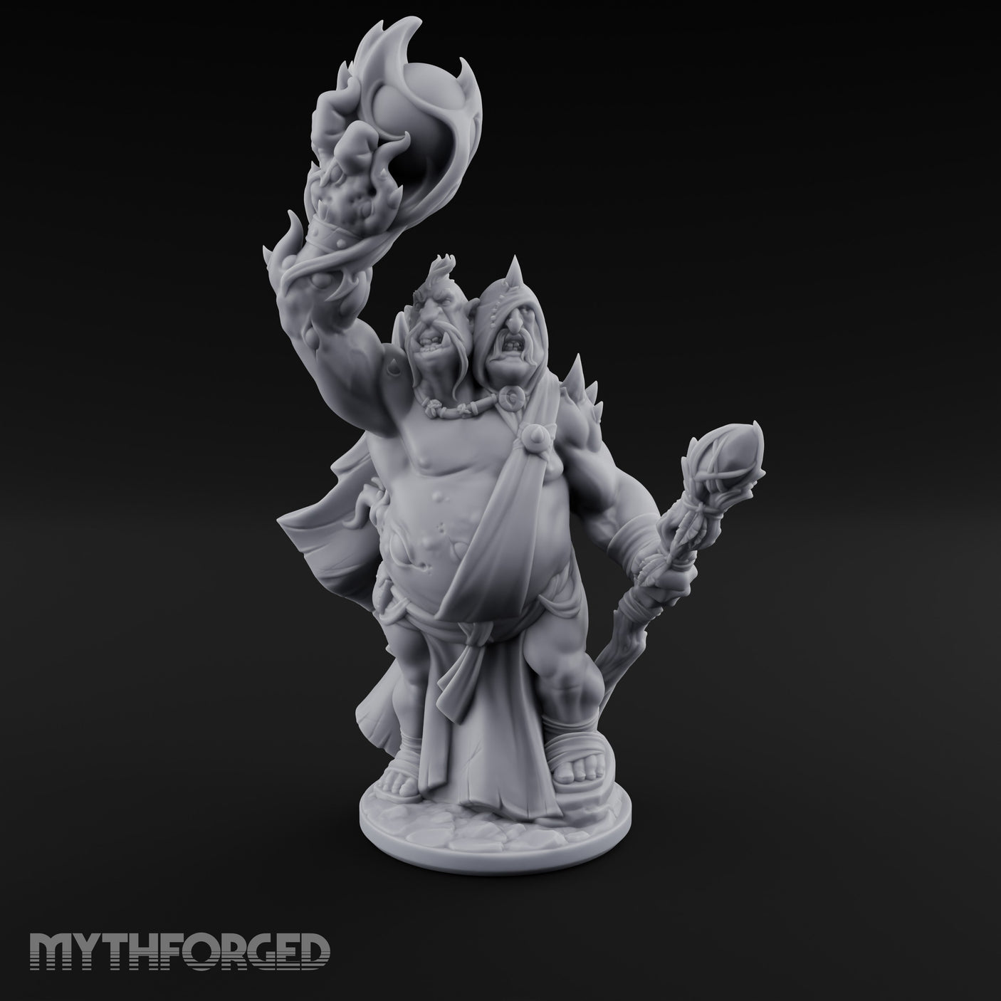 Skull Flame Raising Ettin Shaman Miniature for Dungeons and Dragons, Pathfinder or other TTRPGs