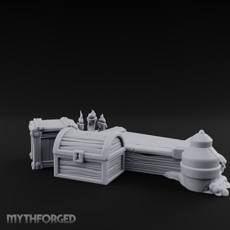 Skull-Flanked Candle-Topped Decorated Wood Coffin Miniature for Dungeons and Dragons, Pathfinder or other TTRPGs