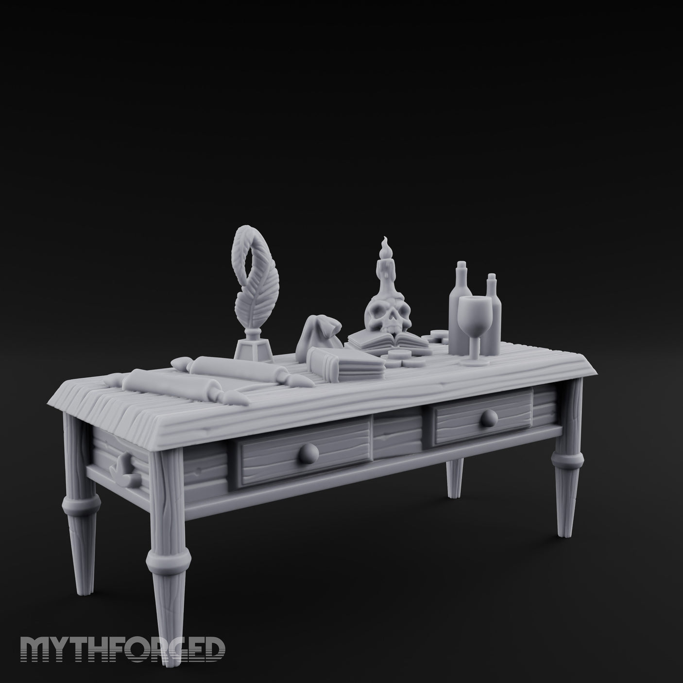 Skull-Laden Candle-Dripped Pirate Scholar's Desk Miniature for Dungeons and Dragons, Pathfinder or other TTRPGs
