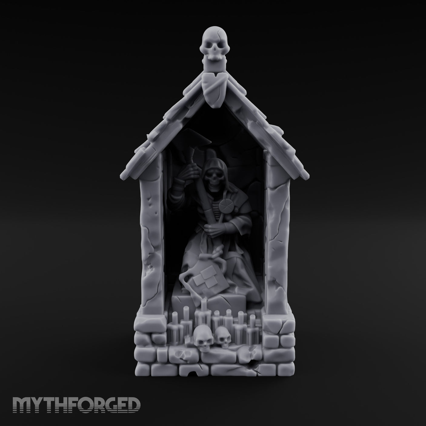 Skull-Pinnacled Candle-Strewn Death Deity Wayside Shrine Miniature for Dungeons and Dragons, Pathfinder or other TTRPGs