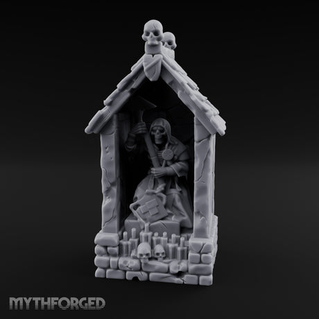 Skull-Pinnacled Candle-Strewn Death Deity Wayside Shrine Miniature for Dungeons and Dragons, Pathfinder or other TTRPGs
