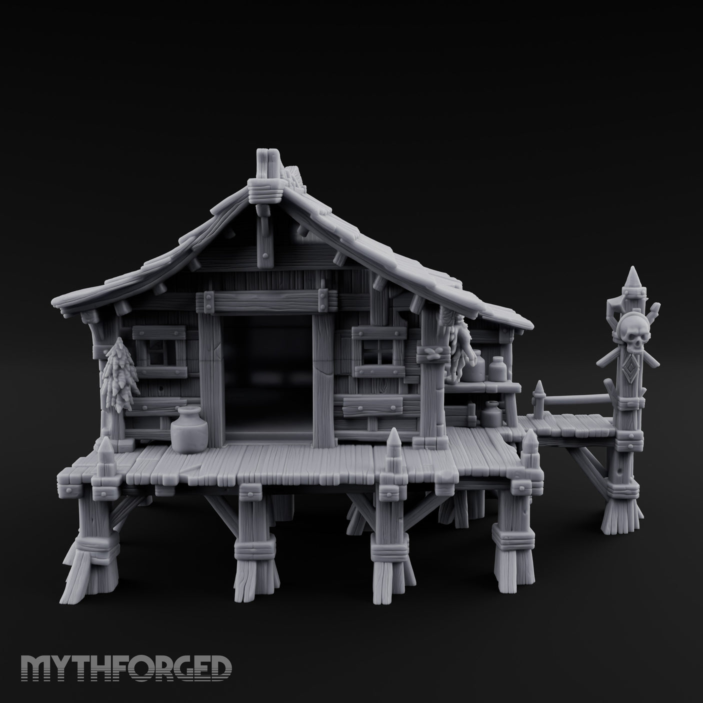 Skull-Posted Fetish-Hung Swamp Witch Hut Miniature for Dungeons and Dragons, Pathfinder or other TTRPGs