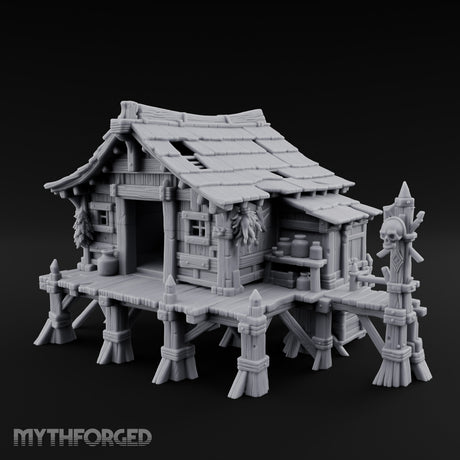Skull-Posted Fetish-Hung Swamp Witch Hut Miniature for Dungeons and Dragons, Pathfinder or other TTRPGs