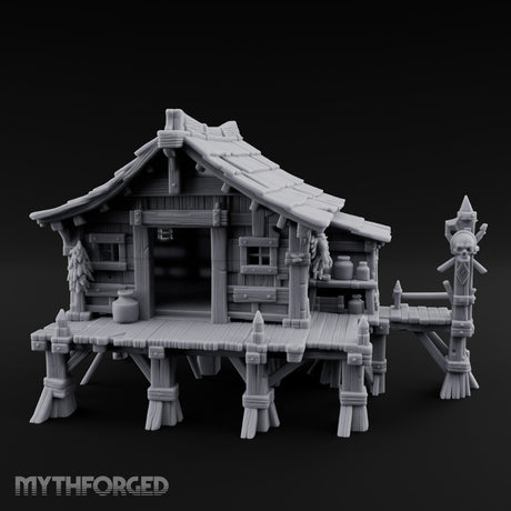 Skull-Posted Fetish-Hung Swamp Witch Hut Miniature for Dungeons and Dragons, Pathfinder or other TTRPGs