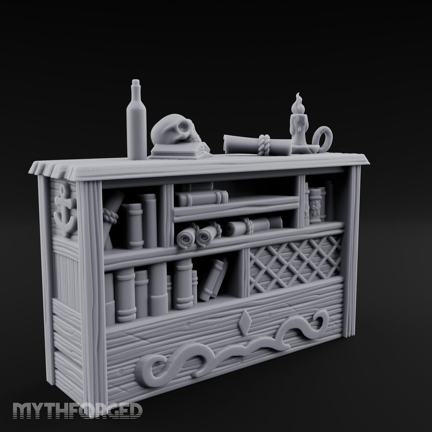 Skull-Rested Scroll-Cluttered Pirate Scholar's Bookcase gallery 2
