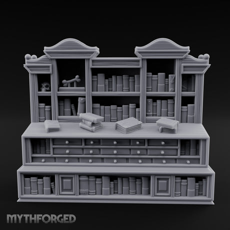 Skull-Shelved Drawer-Banked Scholar's Grand Library Cabinet Miniature for Dungeons and Dragons, Pathfinder or other TTRPGs