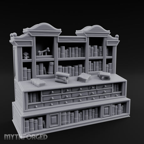 Skull-Shelved Drawer-Banked Scholar's Grand Library Cabinet Miniature for Dungeons and Dragons, Pathfinder or other TTRPGs