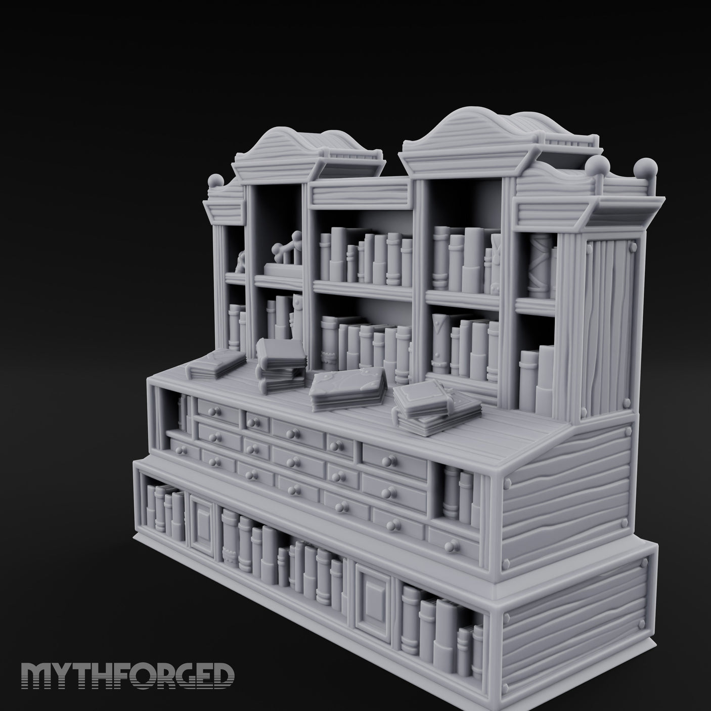 Skull-Shelved Drawer-Banked Scholar's Grand Library Cabinet Miniature for Dungeons and Dragons, Pathfinder or other TTRPGs