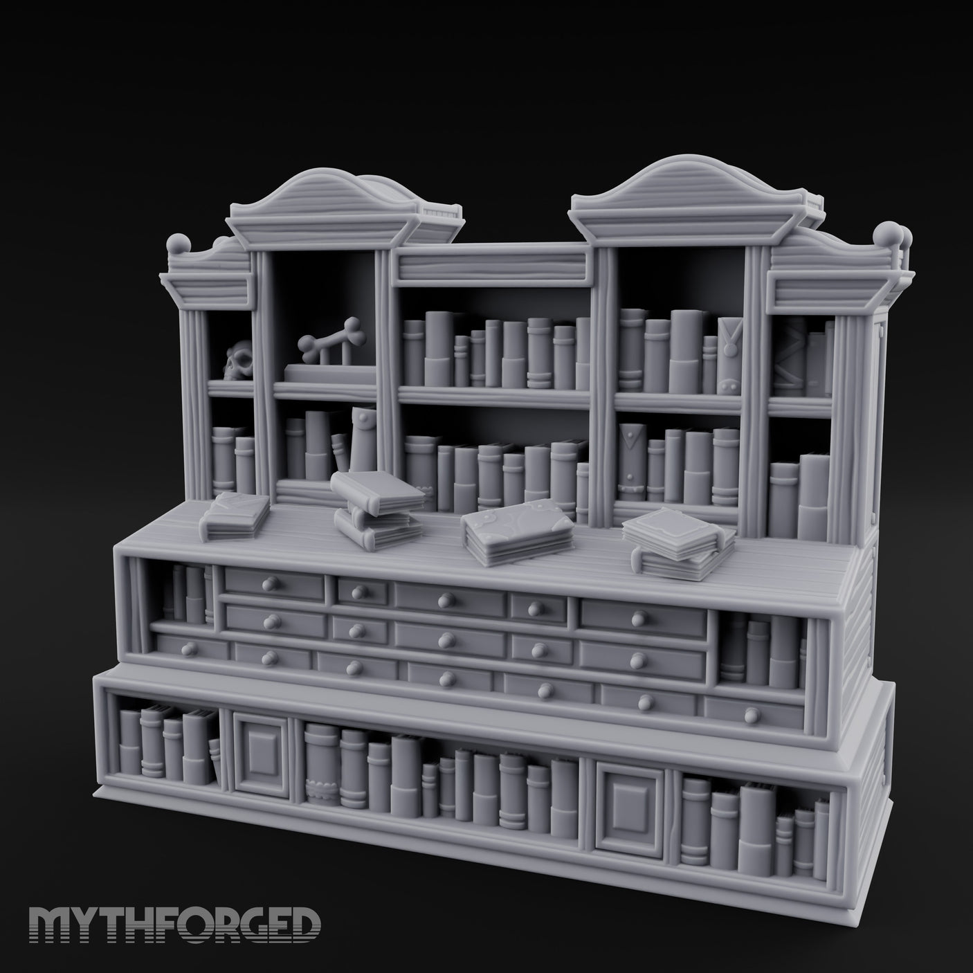Skull-Shelved Drawer-Banked Scholar's Grand Library Cabinet Miniature for Dungeons and Dragons, Pathfinder or other TTRPGs