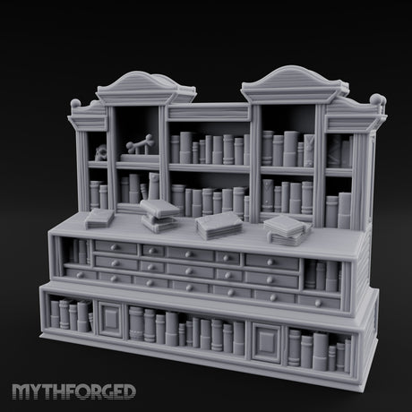 Skull-Shelved Drawer-Banked Scholar's Grand Library Cabinet Miniature for Dungeons and Dragons, Pathfinder or other TTRPGs