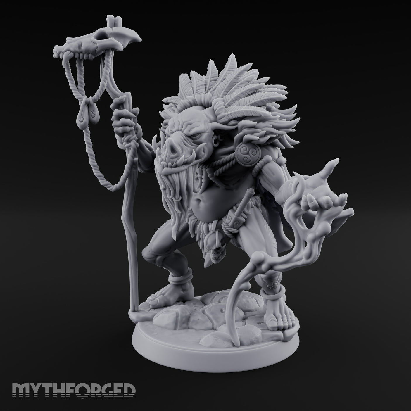 Skull Staff Raising Pig Orc Shaman Miniature for Dungeons and Dragons, Pathfinder or other TTRPGs