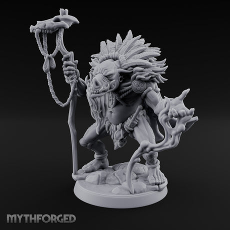 Skull Staff Raising Pig Orc Shaman Miniature for Dungeons and Dragons, Pathfinder or other TTRPGs