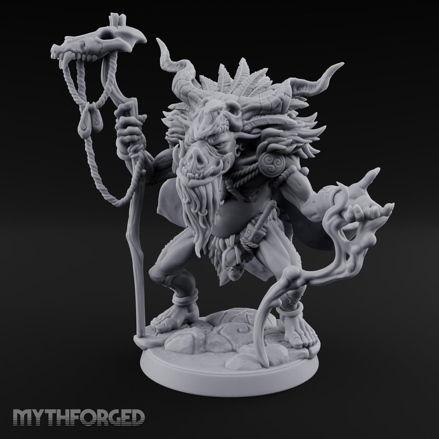 Skull Staff Raising Pig Orc Shaman Miniature for Dungeons and Dragons, Pathfinder or other TTRPGs
