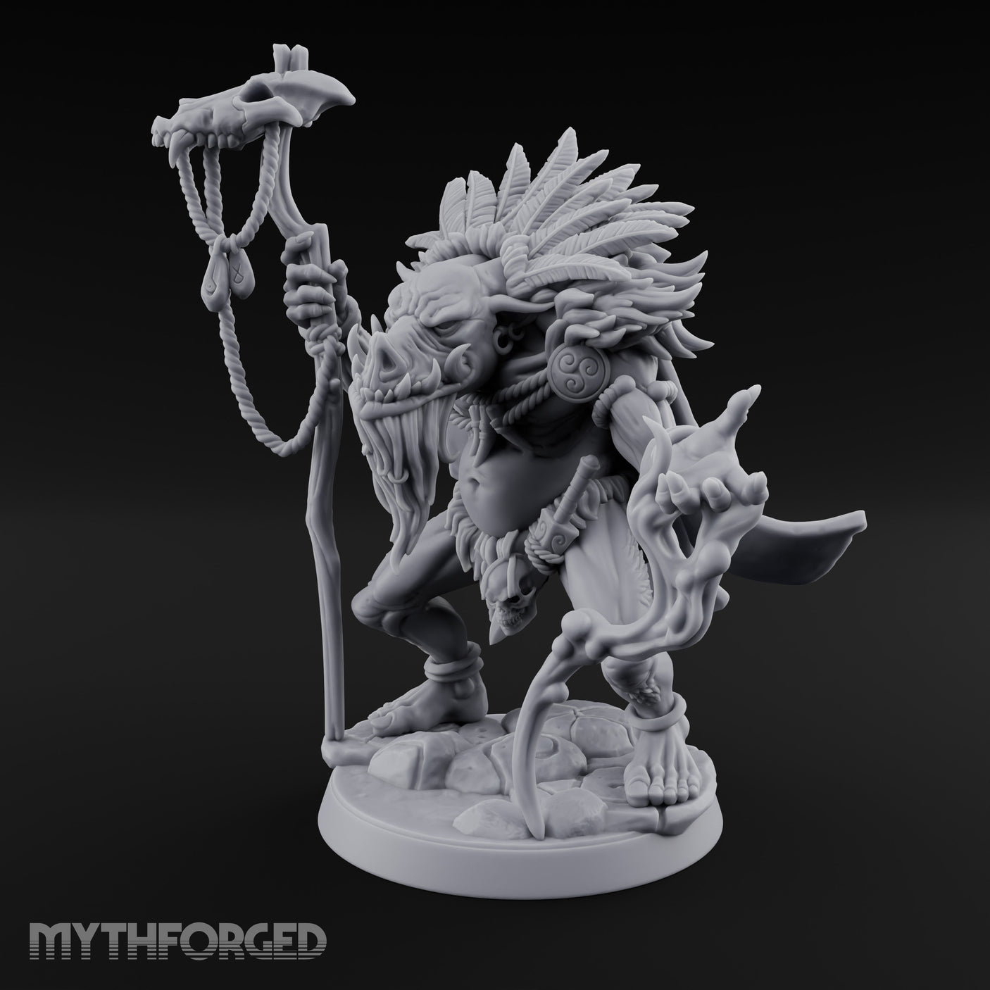Skull Staff Raising Pig Orc Shaman Miniature for Dungeons and Dragons, Pathfinder or other TTRPGs