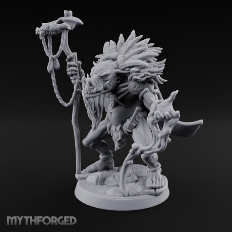 Skull Staff Raising Pig Orc Shaman Miniature for Dungeons and Dragons, Pathfinder or other TTRPGs