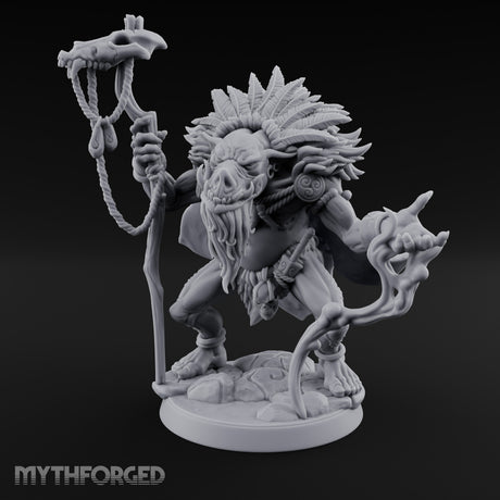 Skull Staff Raising Pig Orc Shaman Miniature for Dungeons and Dragons, Pathfinder or other TTRPGs