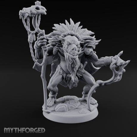Skull Staff Raising Pig Orc Shaman Miniature for Dungeons and Dragons, Pathfinder or other TTRPGs