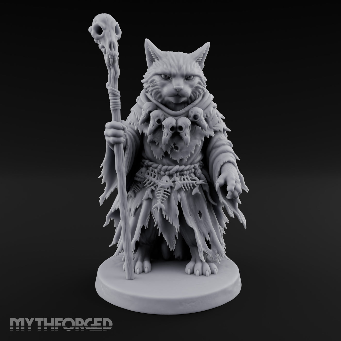 Skull Staff Wielding Tabaxi Necromancer Miniature for Dungeons and Dragons, Pathfinder or other TTRPGs