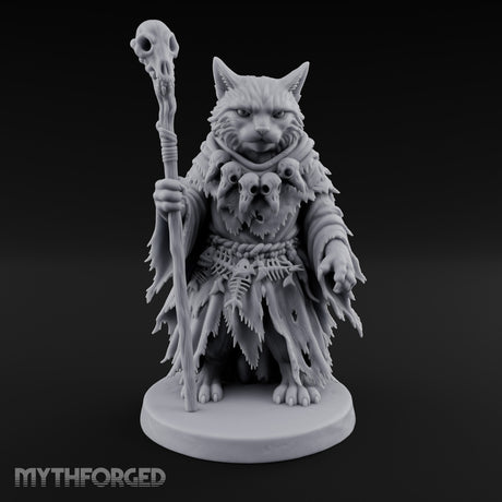 Skull Staff Wielding Tabaxi Necromancer Miniature for Dungeons and Dragons, Pathfinder or other TTRPGs