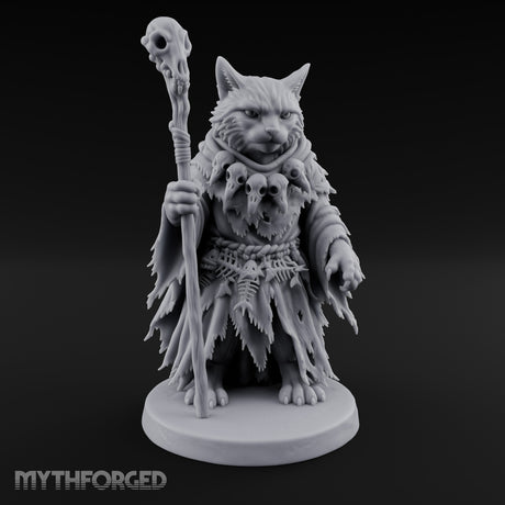 Skull Staff Wielding Tabaxi Necromancer Miniature for Dungeons and Dragons, Pathfinder or other TTRPGs