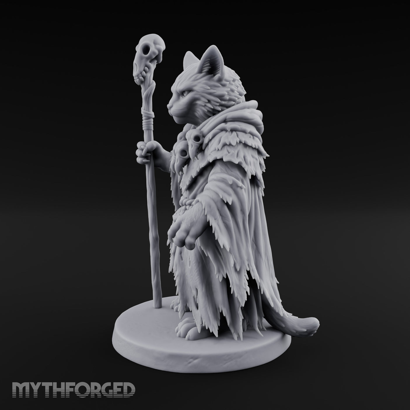 Skull Staff Wielding Tabaxi Necromancer Miniature for Dungeons and Dragons, Pathfinder or other TTRPGs