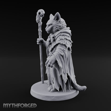 Skull Staff Wielding Tabaxi Necromancer Miniature for Dungeons and Dragons, Pathfinder or other TTRPGs