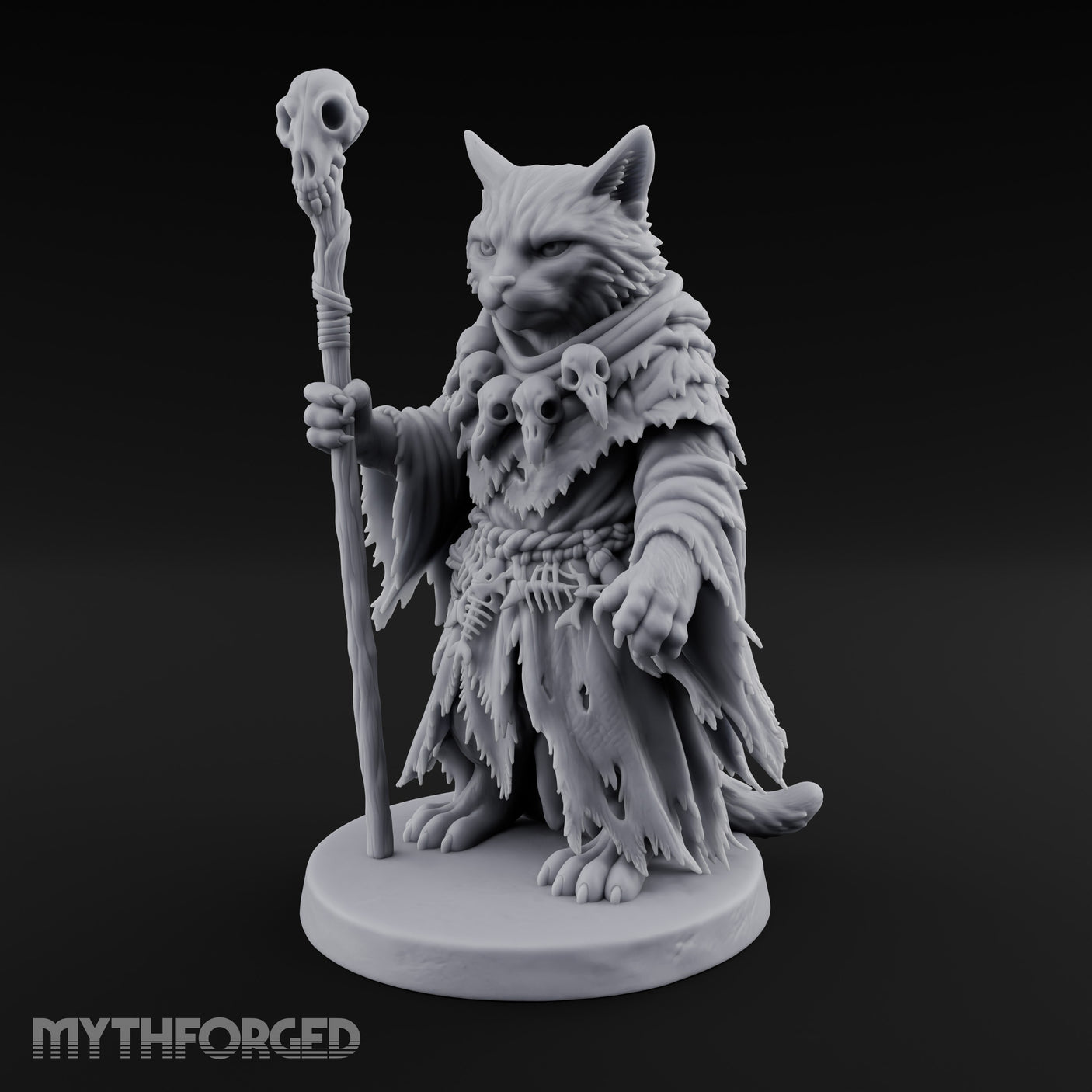 Skull Staff Wielding Tabaxi Necromancer Miniature for Dungeons and Dragons, Pathfinder or other TTRPGs