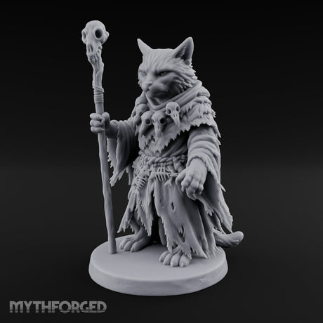 Skull Staff Wielding Tabaxi Necromancer Miniature for Dungeons and Dragons, Pathfinder or other TTRPGs