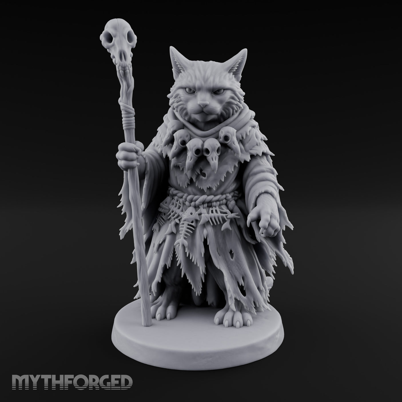 Skull Staff Wielding Tabaxi Necromancer Miniature for Dungeons and Dragons, Pathfinder or other TTRPGs