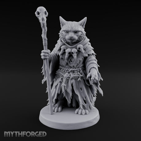 Skull Staff Wielding Tabaxi Necromancer Miniature for Dungeons and Dragons, Pathfinder or other TTRPGs