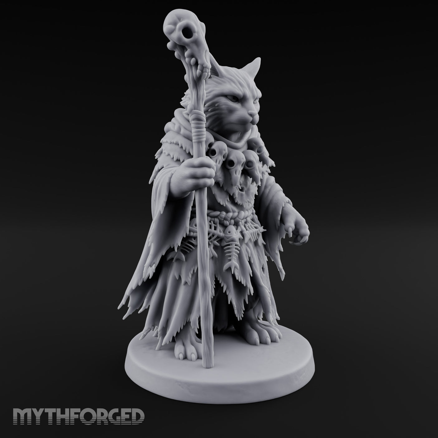 Skull Staff Wielding Tabaxi Necromancer Miniature for Dungeons and Dragons, Pathfinder or other TTRPGs