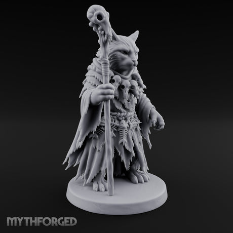 Skull Staff Wielding Tabaxi Necromancer Miniature for Dungeons and Dragons, Pathfinder or other TTRPGs
