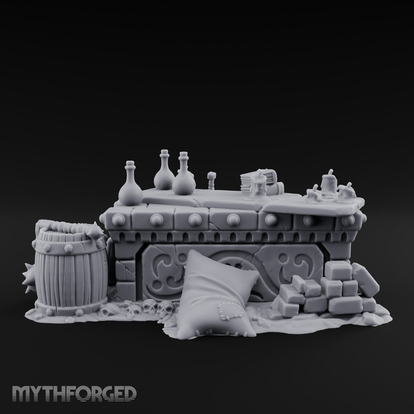 Skull-Strewn Potion-Cluttered Alchemist Workbench Miniature for Dungeons and Dragons, Pathfinder or other TTRPGs