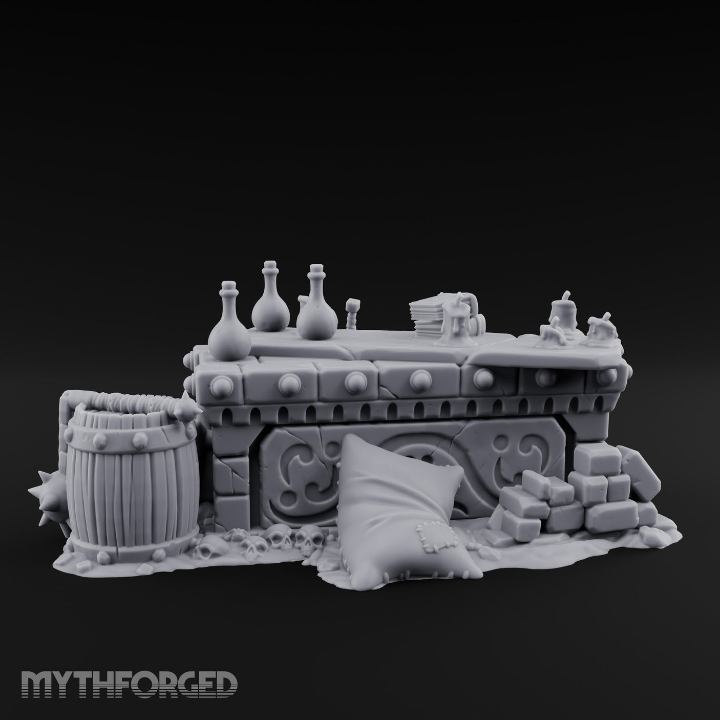 Skull-Strewn Potion-Cluttered Alchemist Workbench Miniature for Dungeons and Dragons, Pathfinder or other TTRPGs