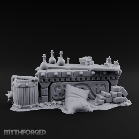 Skull-Strewn Potion-Cluttered Alchemist Workbench Miniature for Dungeons and Dragons, Pathfinder or other TTRPGs