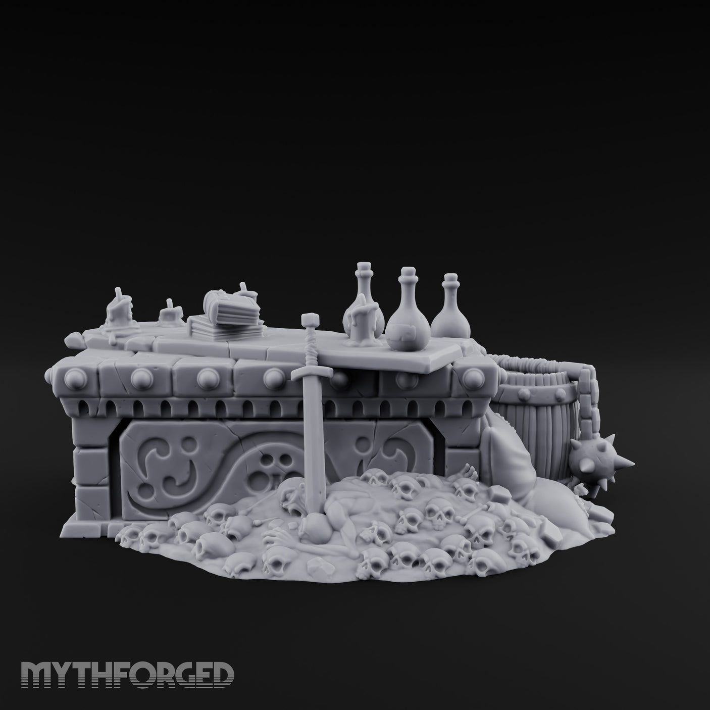 Skull-Strewn Potion-Cluttered Alchemist Workbench Miniature for Dungeons and Dragons, Pathfinder or other TTRPGs