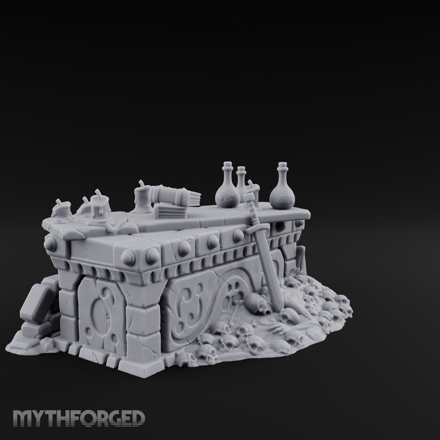 Skull-Strewn Potion-Cluttered Alchemist Workbench Miniature for Dungeons and Dragons, Pathfinder or other TTRPGs