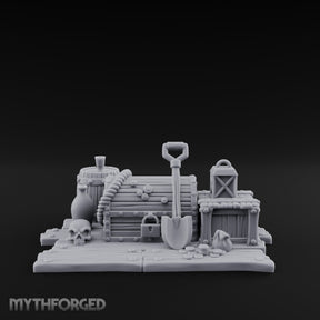 Skull-Strewn Shovel-Propped Locked Chest Hoard Scene Miniature for Dungeons and Dragons, Pathfinder or other TTRPGs