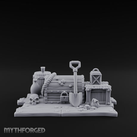 Skull-Strewn Shovel-Propped Locked Chest Hoard Scene Miniature for Dungeons and Dragons, Pathfinder or other TTRPGs