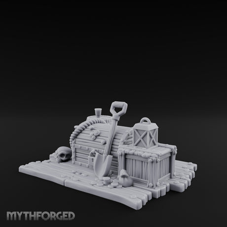 Skull-Strewn Shovel-Propped Locked Chest Hoard Scene Miniature for Dungeons and Dragons, Pathfinder or other TTRPGs
