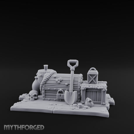 Skull-Strewn Shovel-Propped Locked Chest Hoard Scene Miniature for Dungeons and Dragons, Pathfinder or other TTRPGs