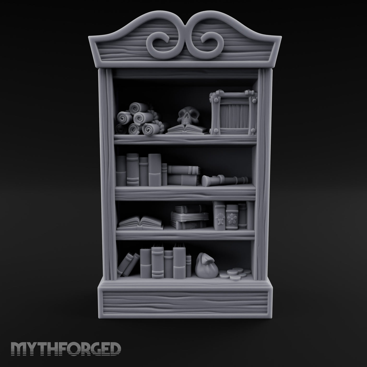 Skull-Topped Scroll-Laden Pirate Bookshelf