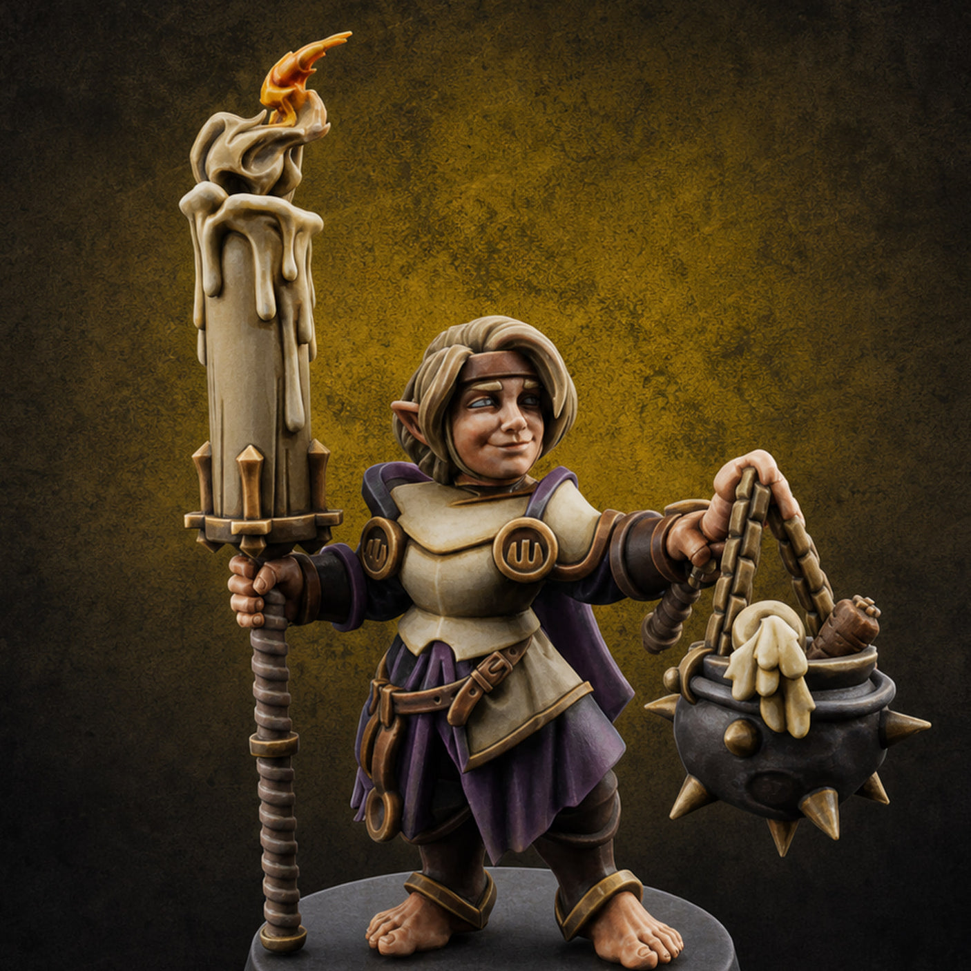 Smirking Halfling Cleric — painted concept preview (miniature supplied unpainted)