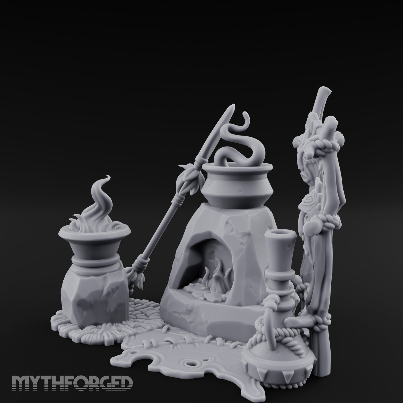Snake-Stirred Idol-Framed Tribal Witch Cauldron Scene Miniature for Dungeons and Dragons, Pathfinder or other TTRPGs